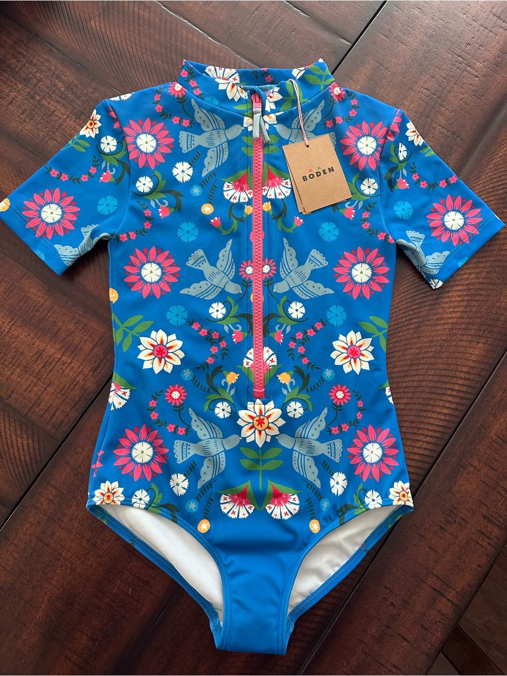 Mini Boden Blue Floral Zip-Front One-Piece Swimsuit, size 8/9